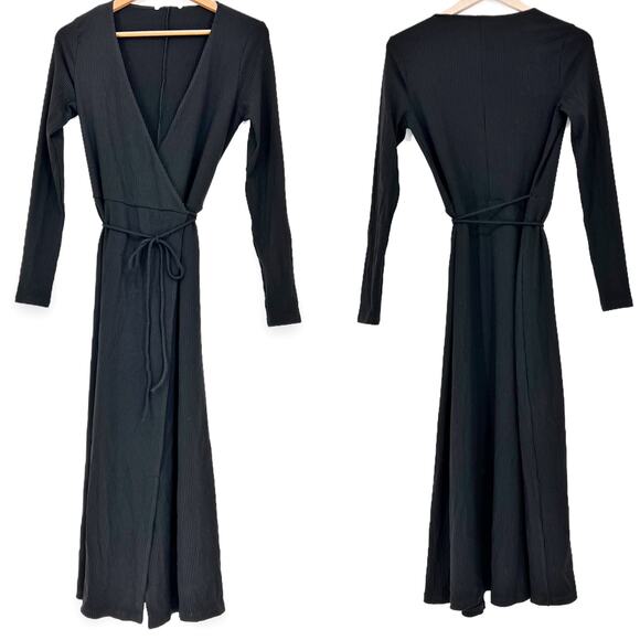 Reformation Jeans Celine Wrap Ribbed Knit Sweater Dress Black Medium - Picture 8 of 13